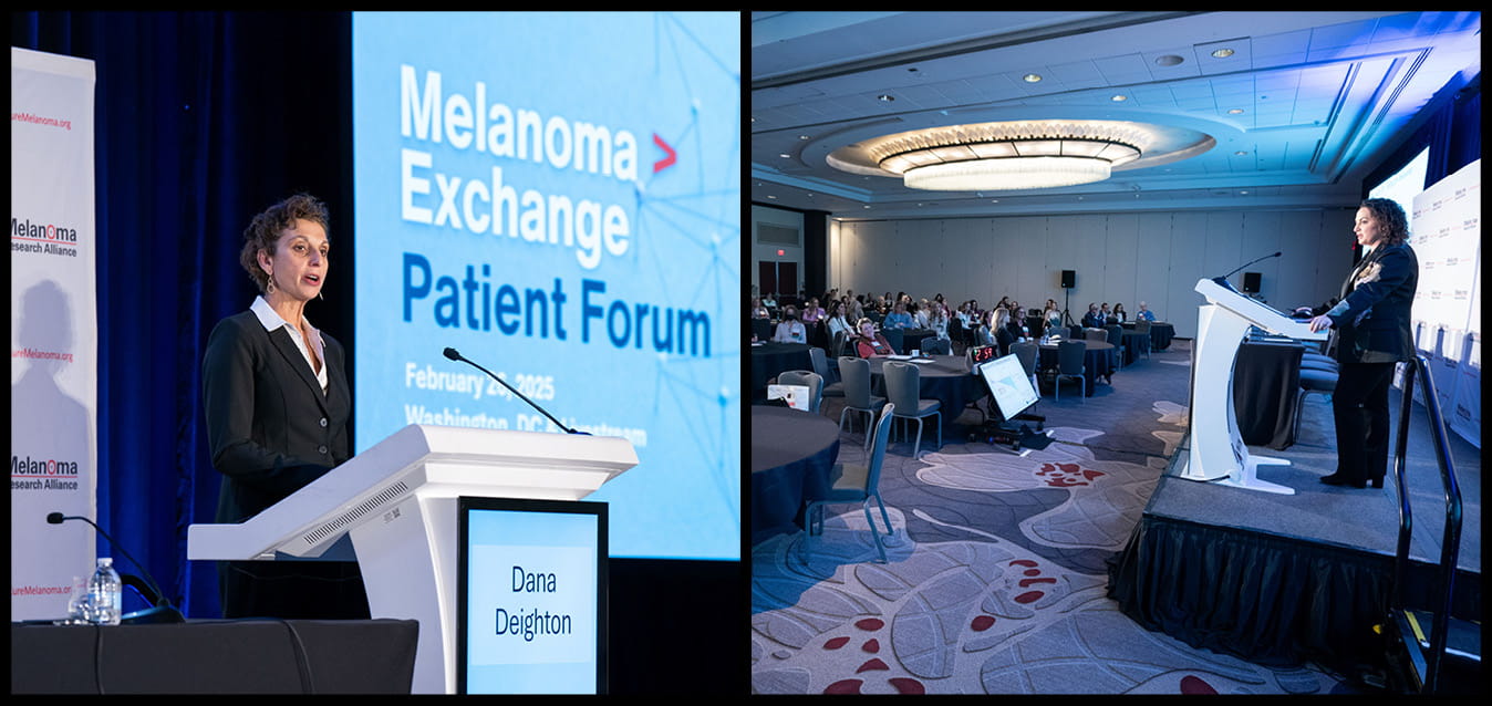 Images of Dana Deighton, director of communications and engagement at Melanoma Research Alliance and Allison Betof Warner, MD, PhD, assistant professor of medicine at Standford Medicine delivering speeches during the 2025 Melanoma Exchange Patient Forum.